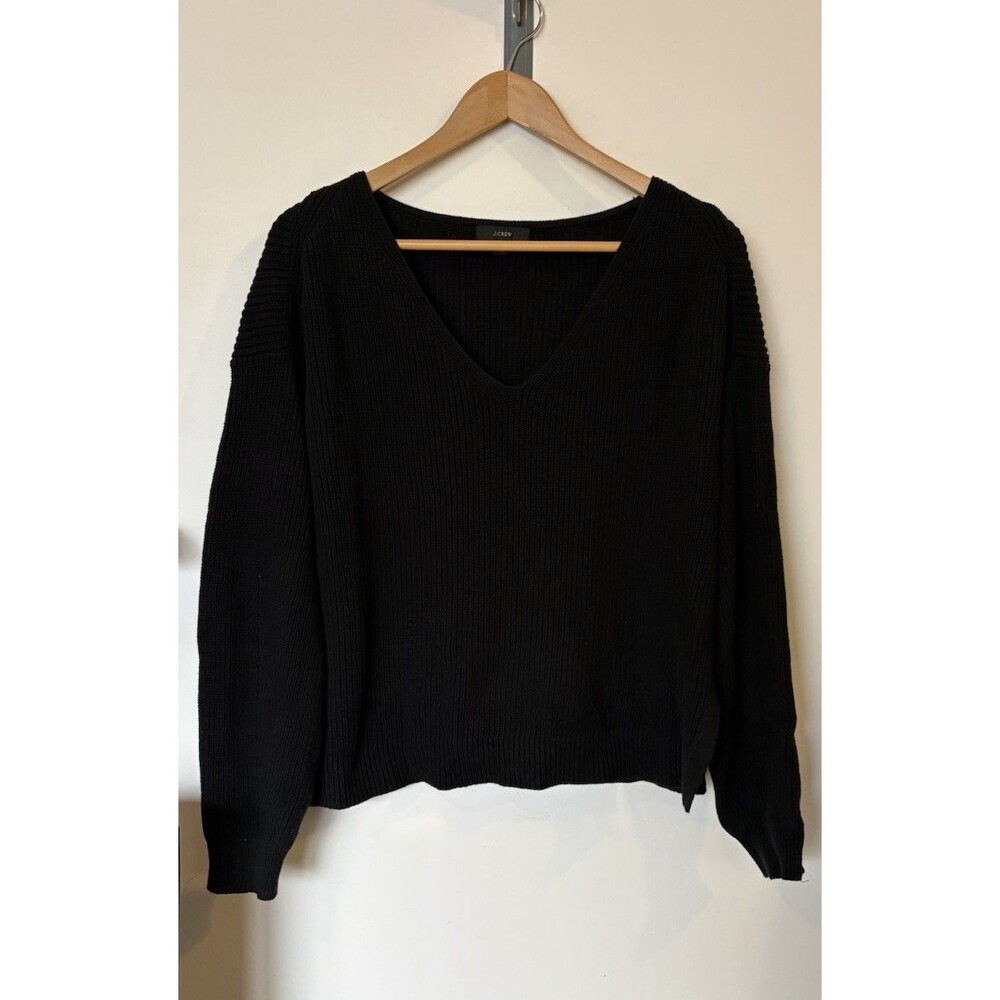 J Crew Black Ribbed V Neck Split Hem Knit Sweater Size Small